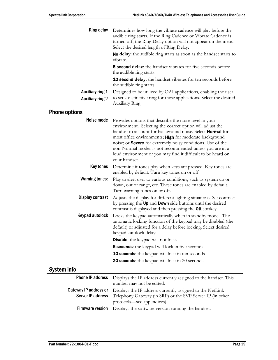 Phone options, System info | SpectraLink s340 User Manual | Page 15 / 52