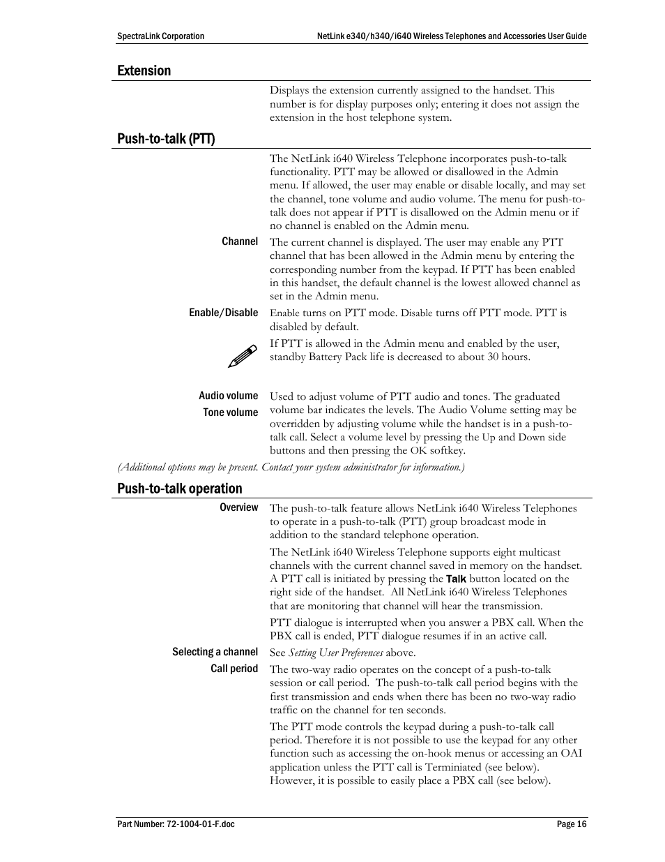 Extension, Push-to-talk (ptt), Push-to-talk operation | SpectraLink s340 User Manual | Page 16 / 52