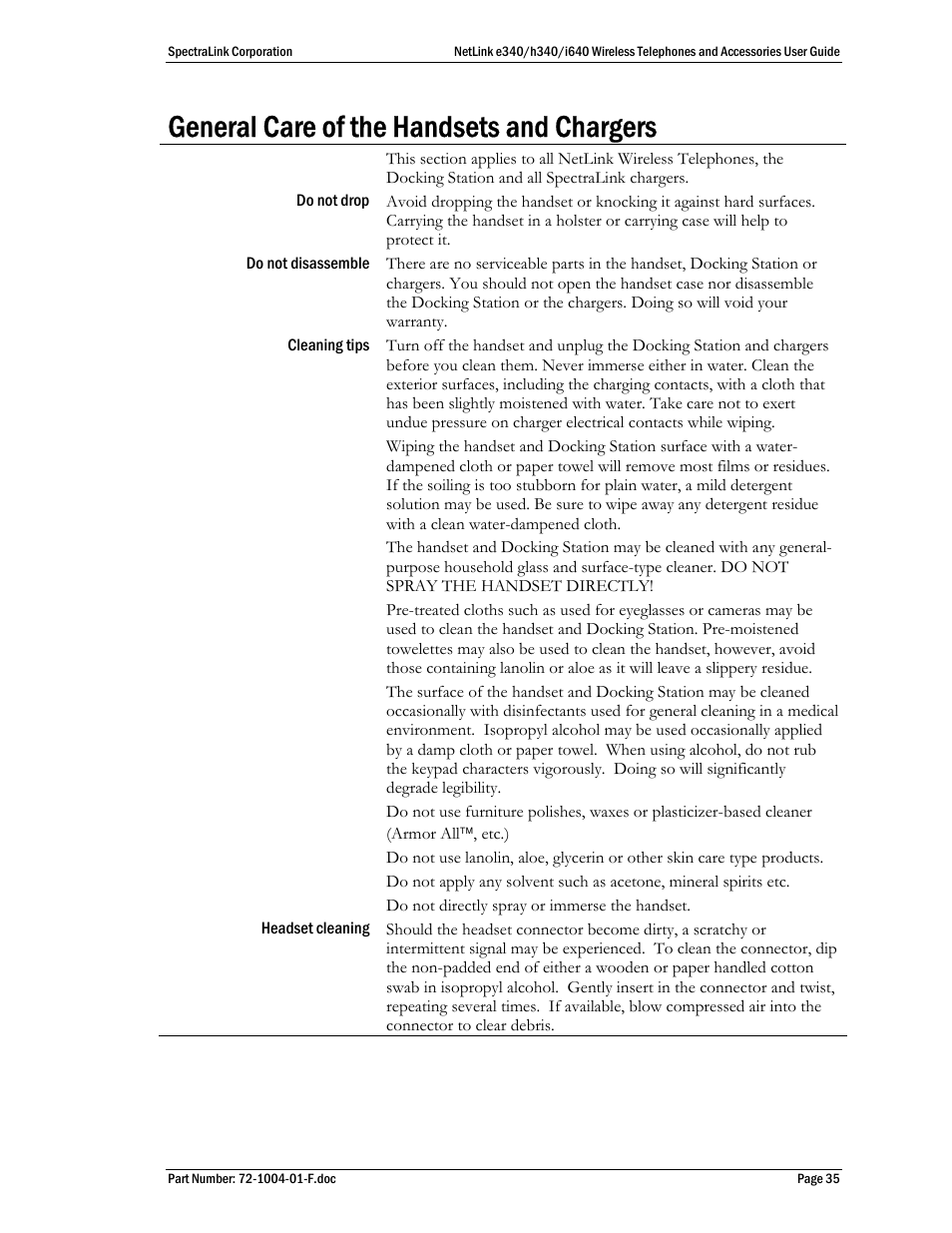 General care of the handsets and chargers | SpectraLink s340 User Manual | Page 35 / 52