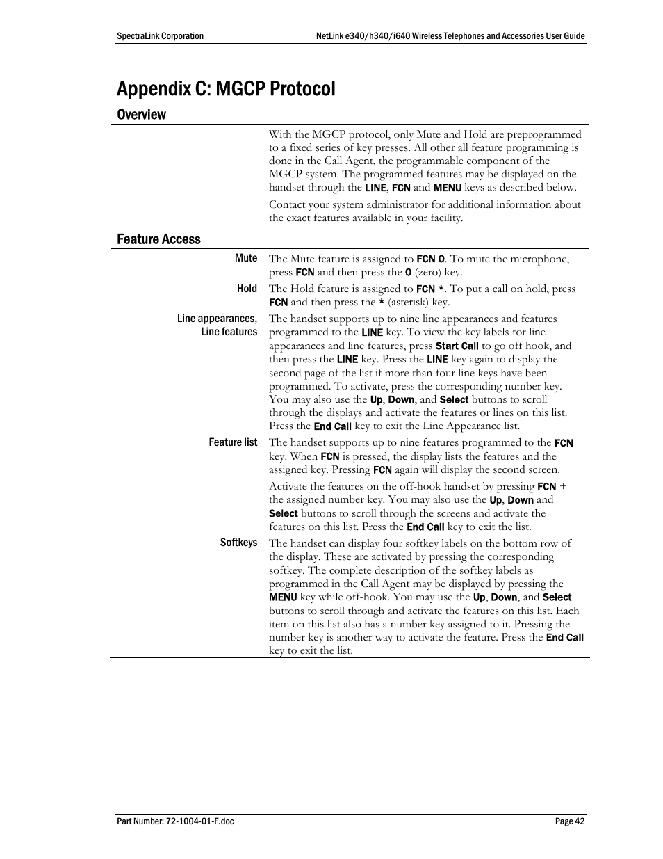 Appendix c: mgcp protocol, Overview, Feature access | SpectraLink s340 User Manual | Page 42 / 52