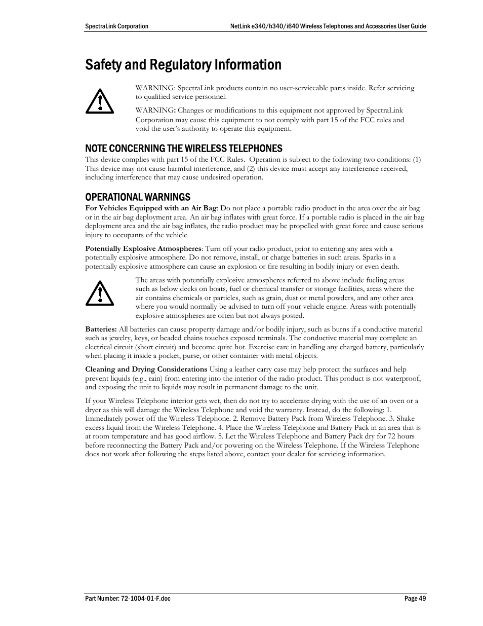 Safety and regulatory information, Note concerning the wireless telephones, Operational warnings | SpectraLink s340 User Manual | Page 49 / 52