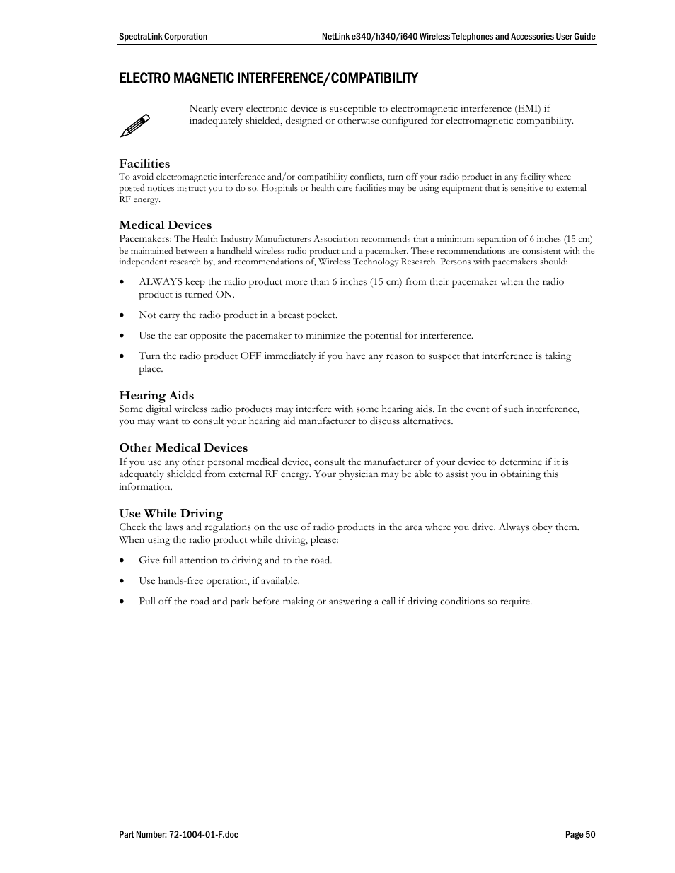 Electro magnetic interference/compatibility | SpectraLink s340 User Manual | Page 50 / 52