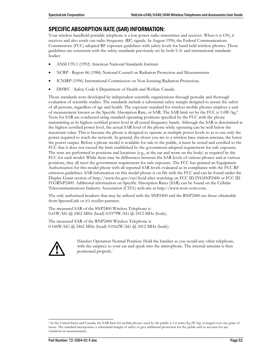Specific absorption rate (sar) information | SpectraLink s340 User Manual | Page 52 / 52