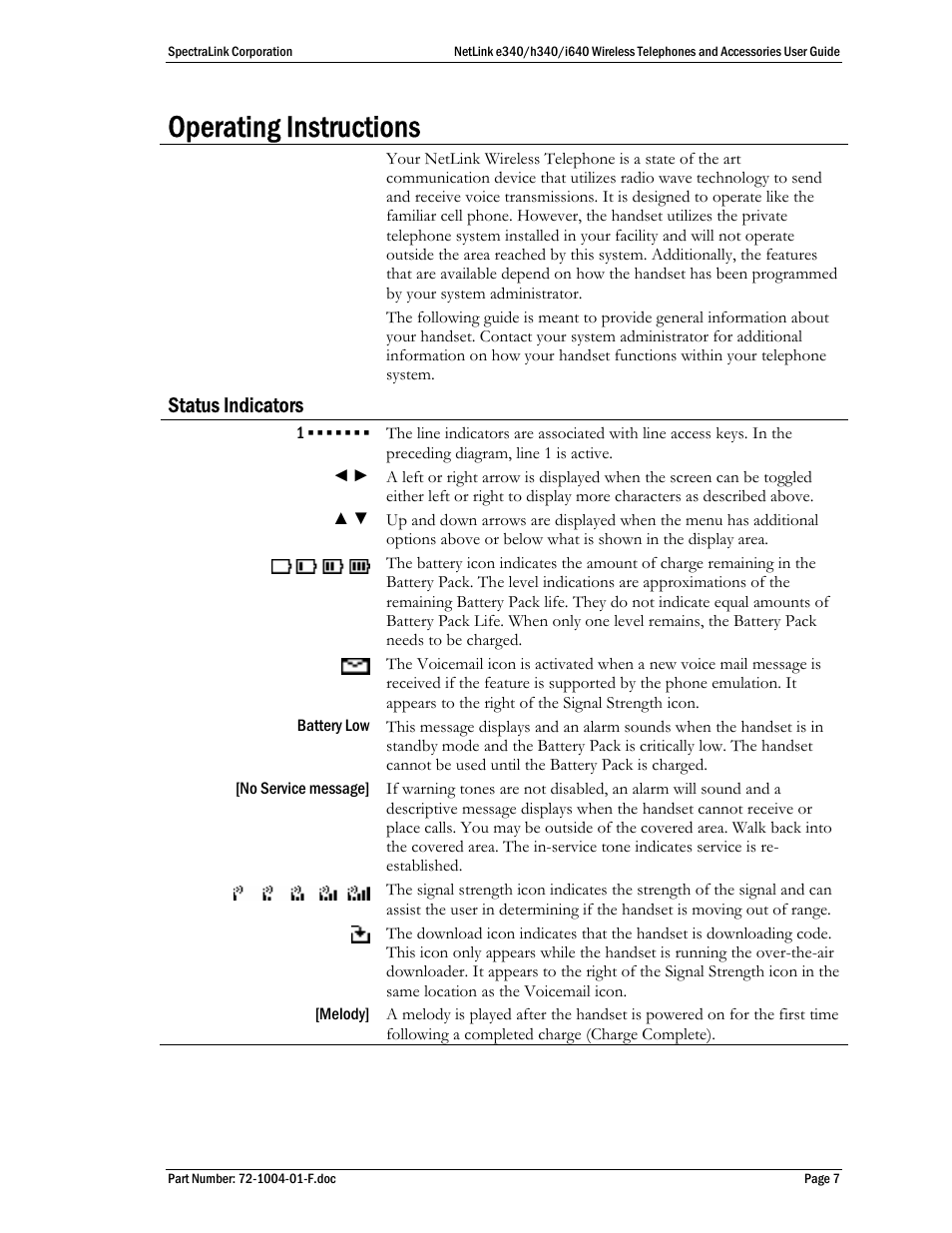 Operating instructions, Status indicators | SpectraLink s340 User Manual | Page 7 / 52