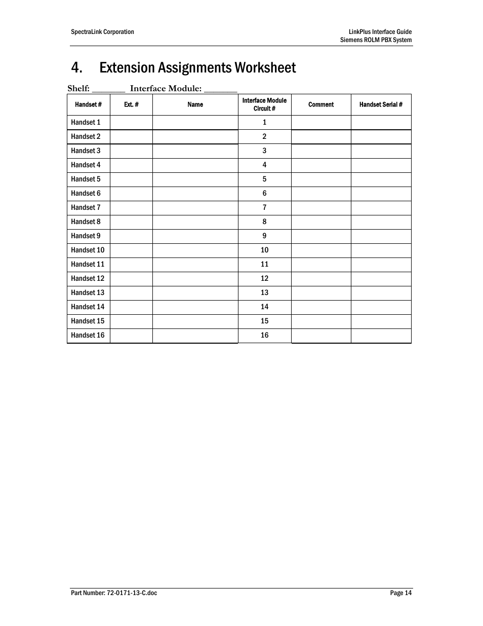 Extension assignments worksheet | SpectraLink ROLM PBX User Manual | Page 14 / 14