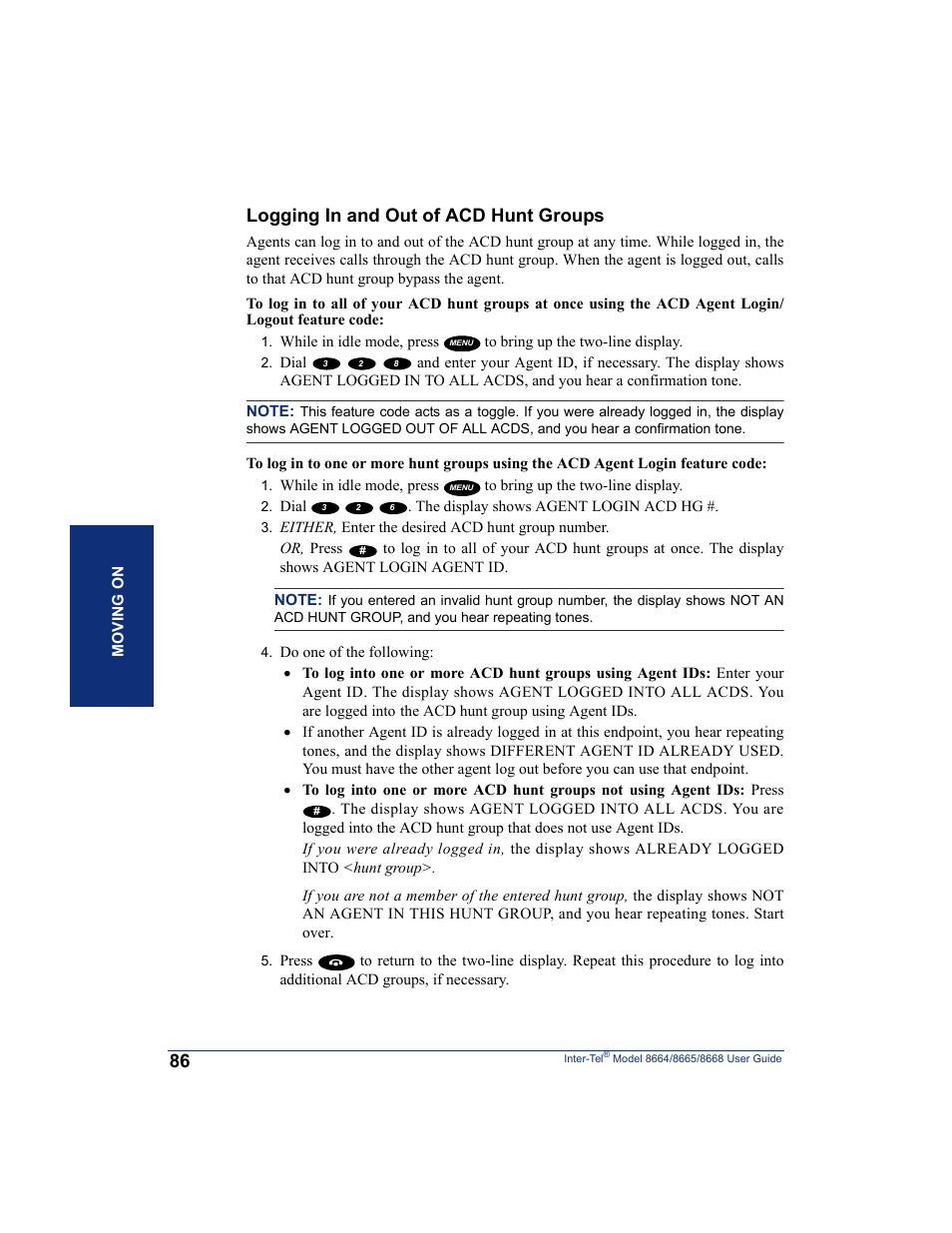Logging in and out of acd hunt groups | SpectraLink 8668 User Manual | Page 100 / 134