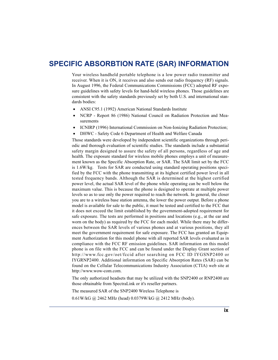Specific absorbtion rate (sar) information | SpectraLink 8668 User Manual | Page 11 / 134