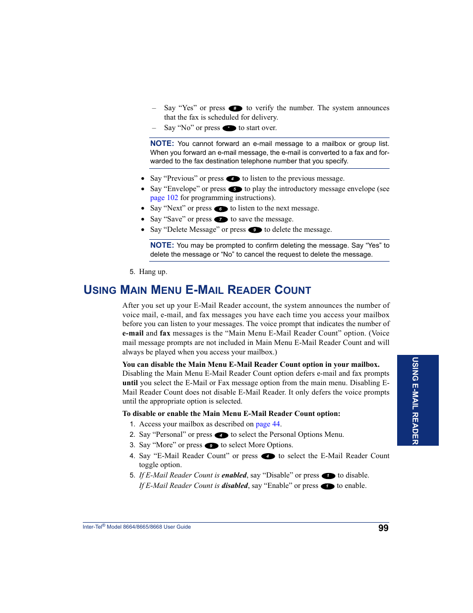 Using main menu e-mail reader count, Sing, Eader | Ount | SpectraLink 8668 User Manual | Page 113 / 134
