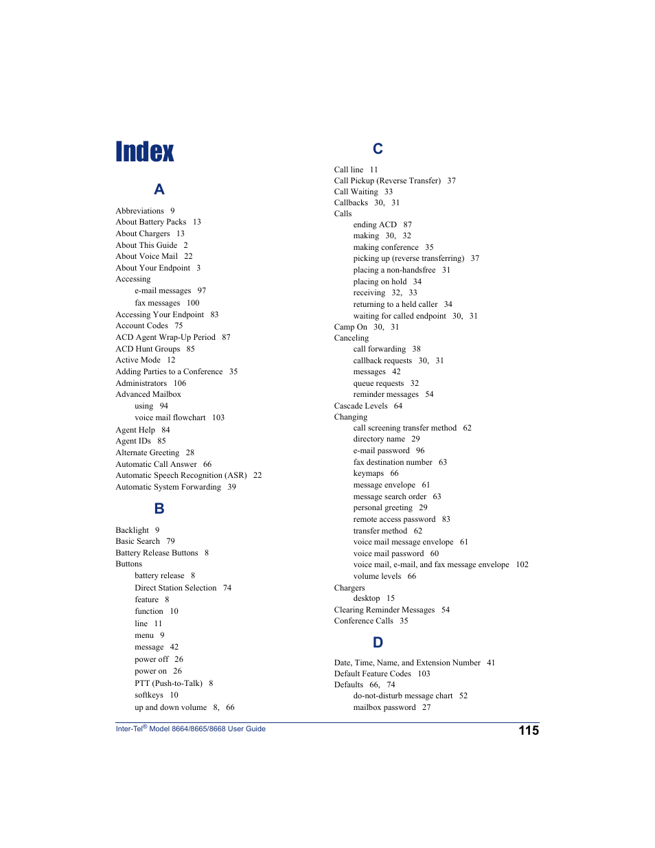 Index, Index (see | SpectraLink 8668 User Manual | Page 129 / 134