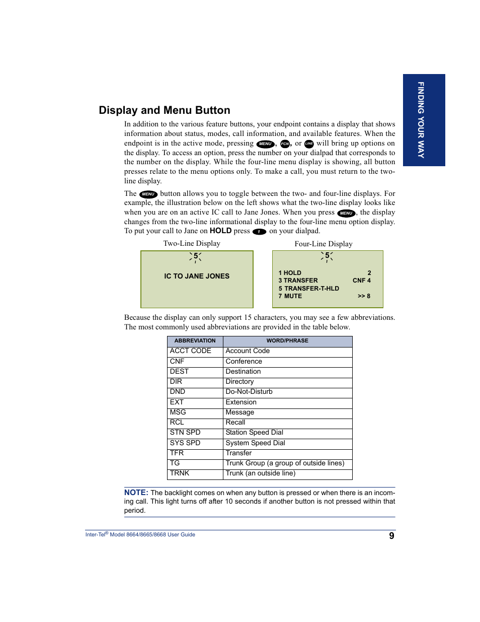Display and menu button | SpectraLink 8668 User Manual | Page 23 / 134