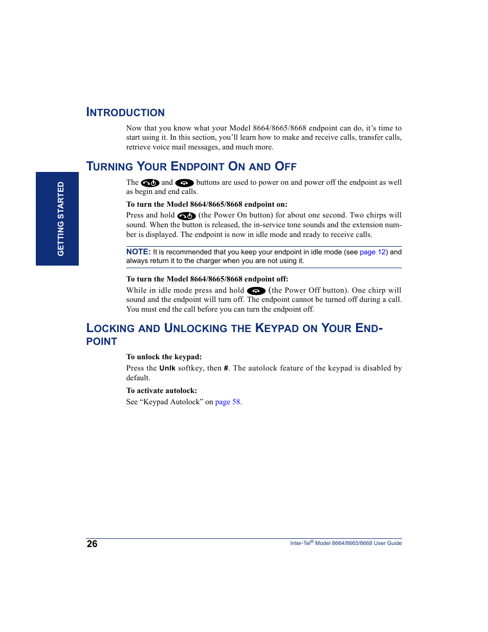 Introduction, Turning your endpoint on and off, Locking and unlocking the keypad on your endpoint | SpectraLink 8668 User Manual | Page 40 / 134