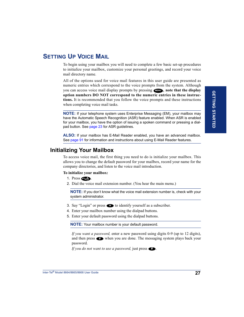 Setting up voice mail, Initializing your mailbox, Etting | Oice | SpectraLink 8668 User Manual | Page 41 / 134