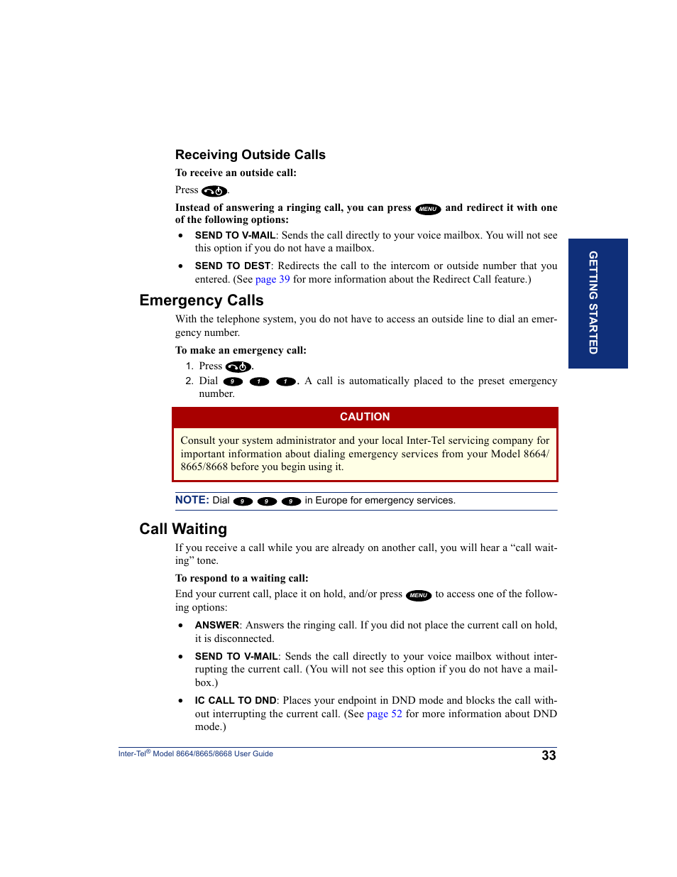 Emergency calls, Call waiting, Receiving outside calls | SpectraLink 8668 User Manual | Page 47 / 134