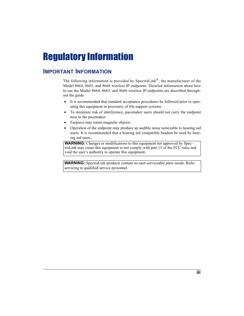 Regulatory information | SpectraLink 8668 User Manual | Page 5 / 134