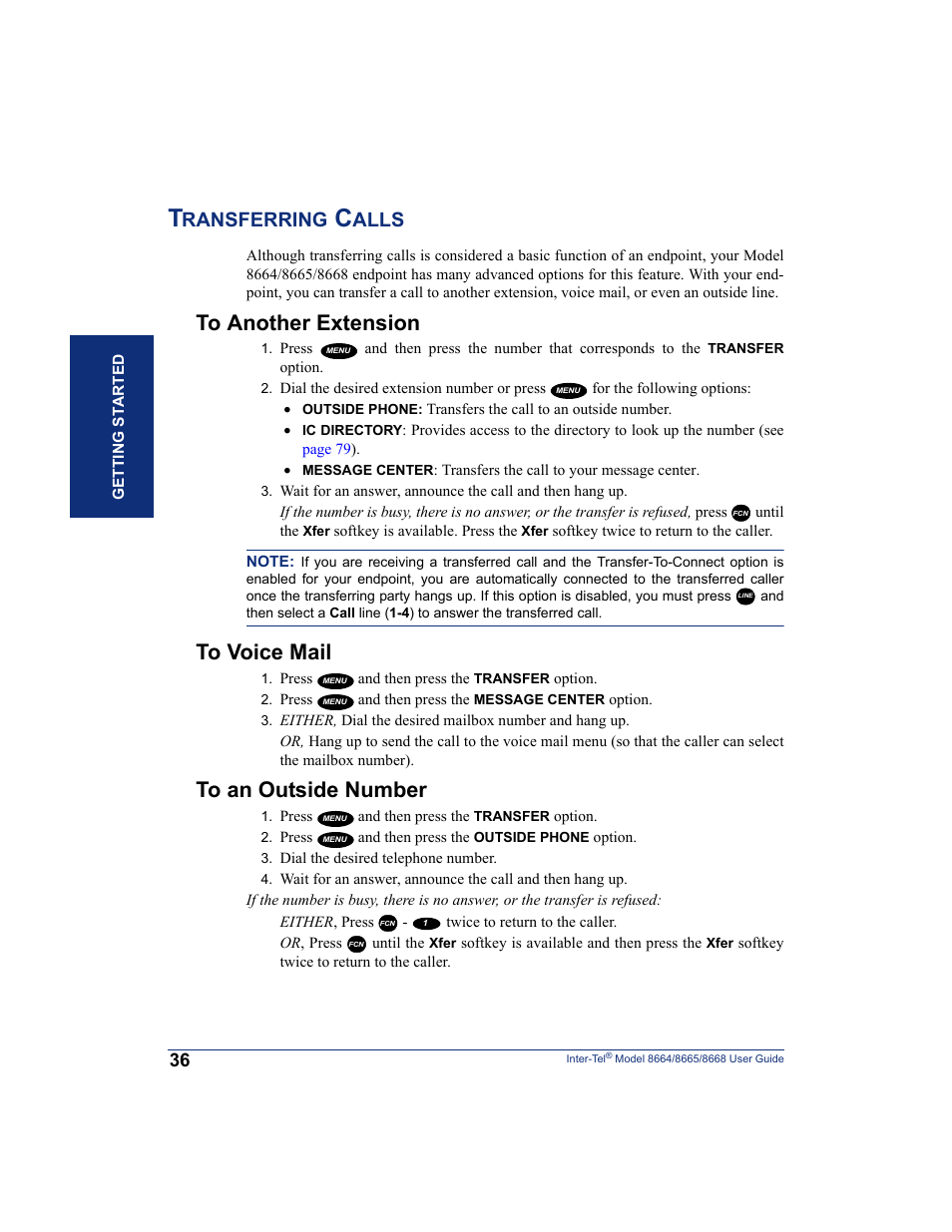Transferring calls, To another extension, To voice mail | To an outside number, Ransferring, Alls | SpectraLink 8668 User Manual | Page 50 / 134