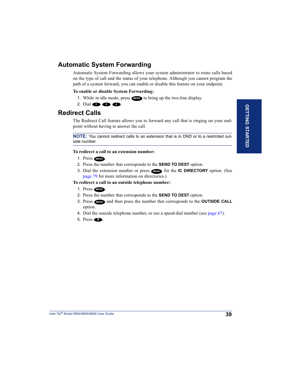 Automatic system forwarding, Redirect calls, Entered. (see | SpectraLink 8668 User Manual | Page 53 / 134