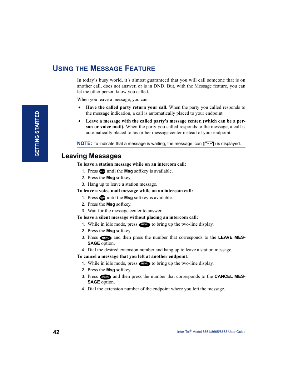 Using the message feature, Leaving messages, Sing | Essage, Eature | SpectraLink 8668 User Manual | Page 56 / 134