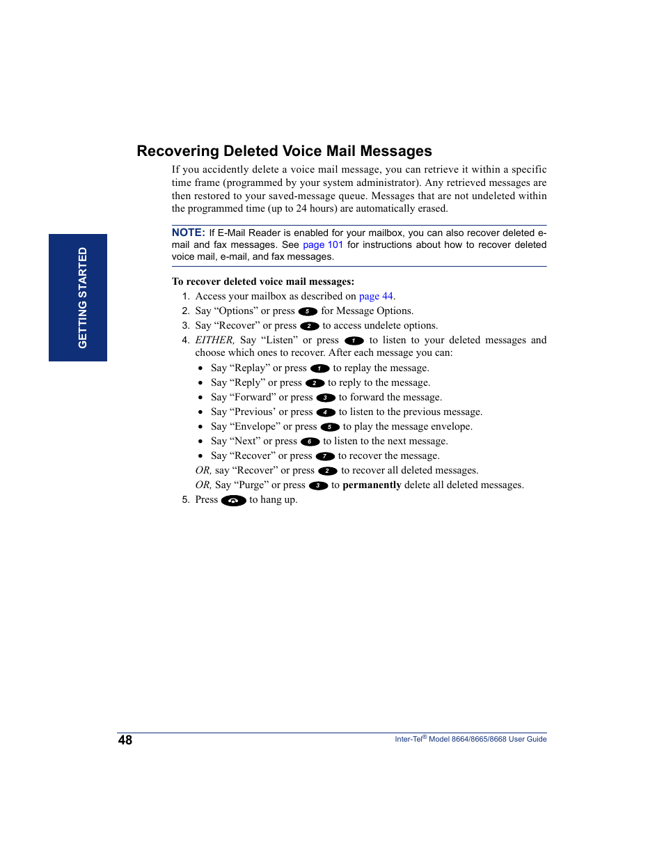 Recovering deleted voice mail messages | SpectraLink 8668 User Manual | Page 62 / 134