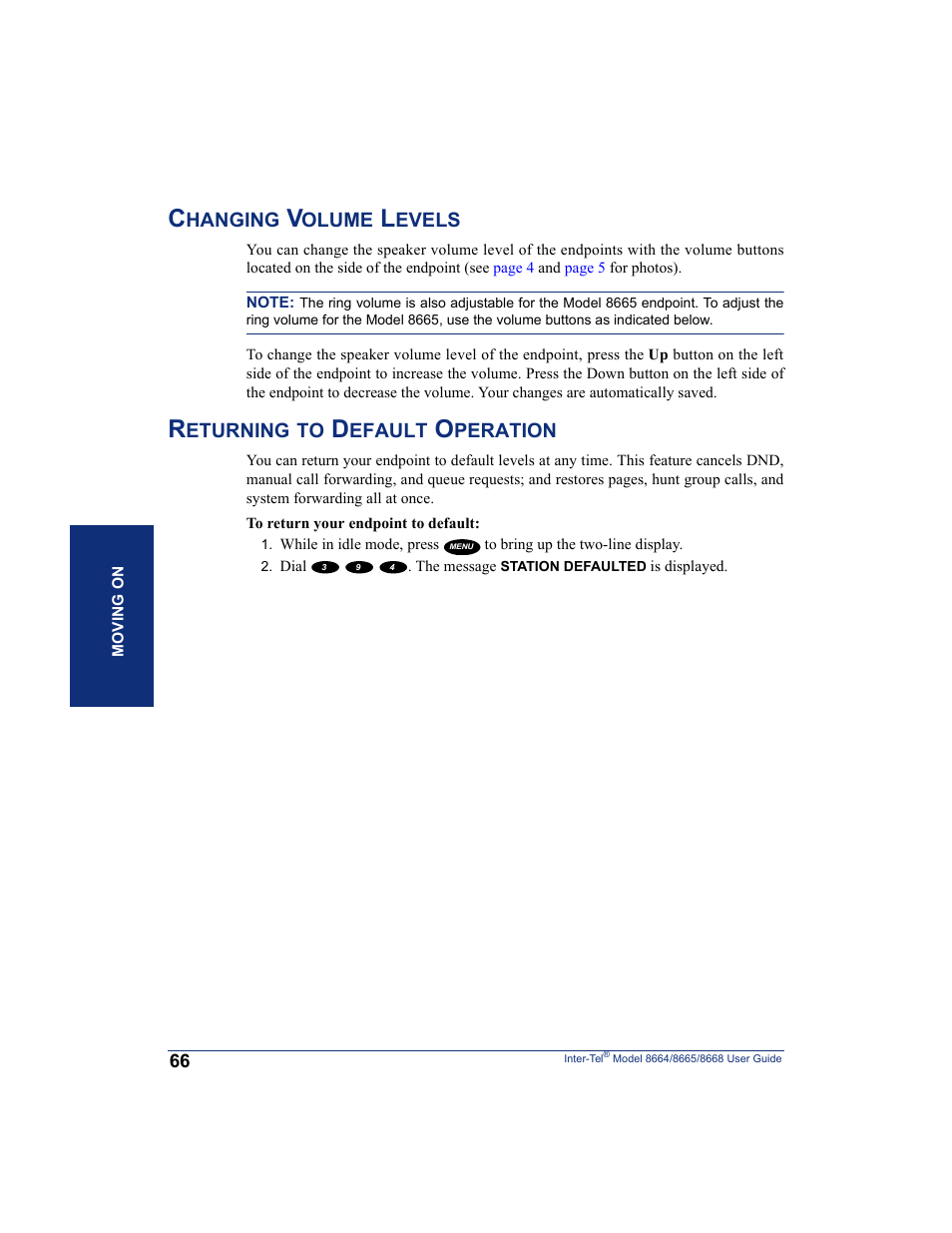 Changing volume levels, Returning to default operation | SpectraLink 8668 User Manual | Page 80 / 134