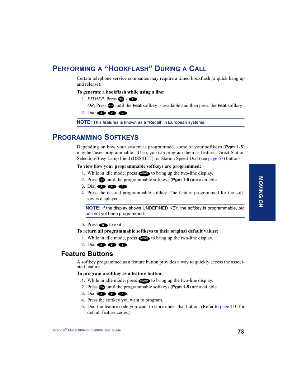 Performing a “hookflash” during a call, Programming softkeys, Feature buttons | Erforming, Ookflash, Uring, Rogramming, Oftkeys | SpectraLink 8668 User Manual | Page 87 / 134