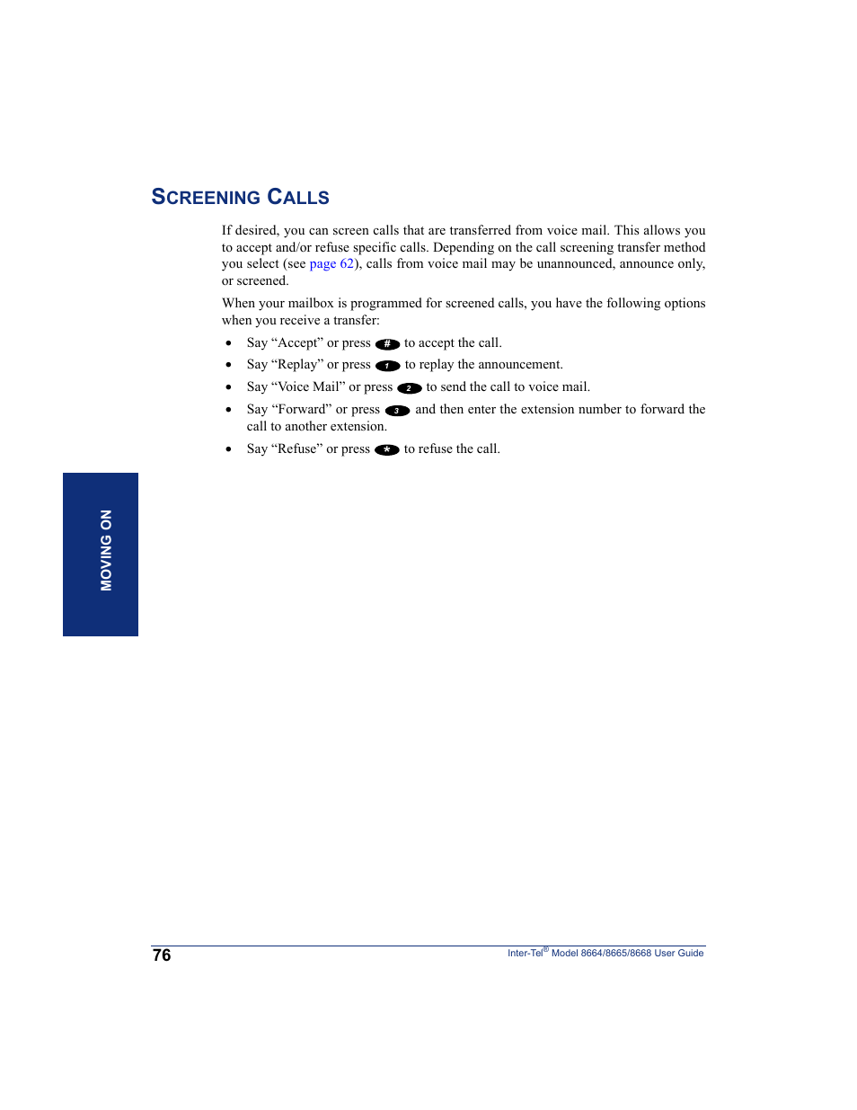 Screening calls, Creening, Alls | SpectraLink 8668 User Manual | Page 90 / 134