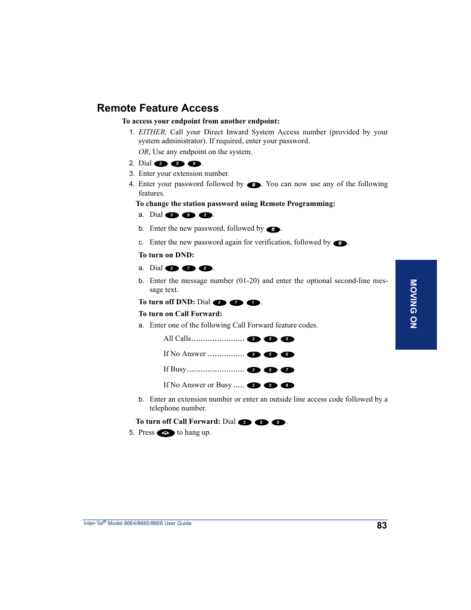 Remote feature access, Mo ving o n | SpectraLink 8668 User Manual | Page 97 / 134