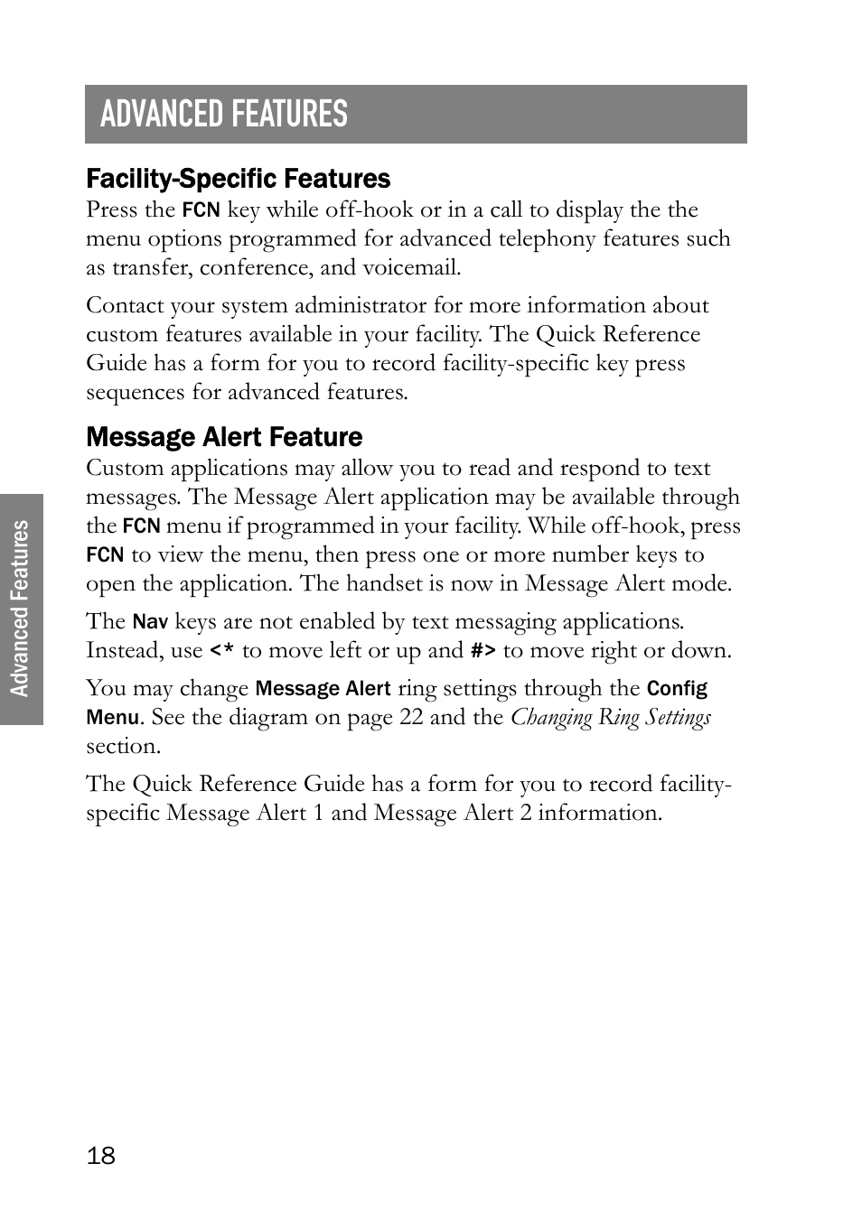 Advanced features, Facility-specific features, Message alert feature | Facility-specific features message alert feature | SpectraLink LINK 6020 User Manual | Page 18 / 48