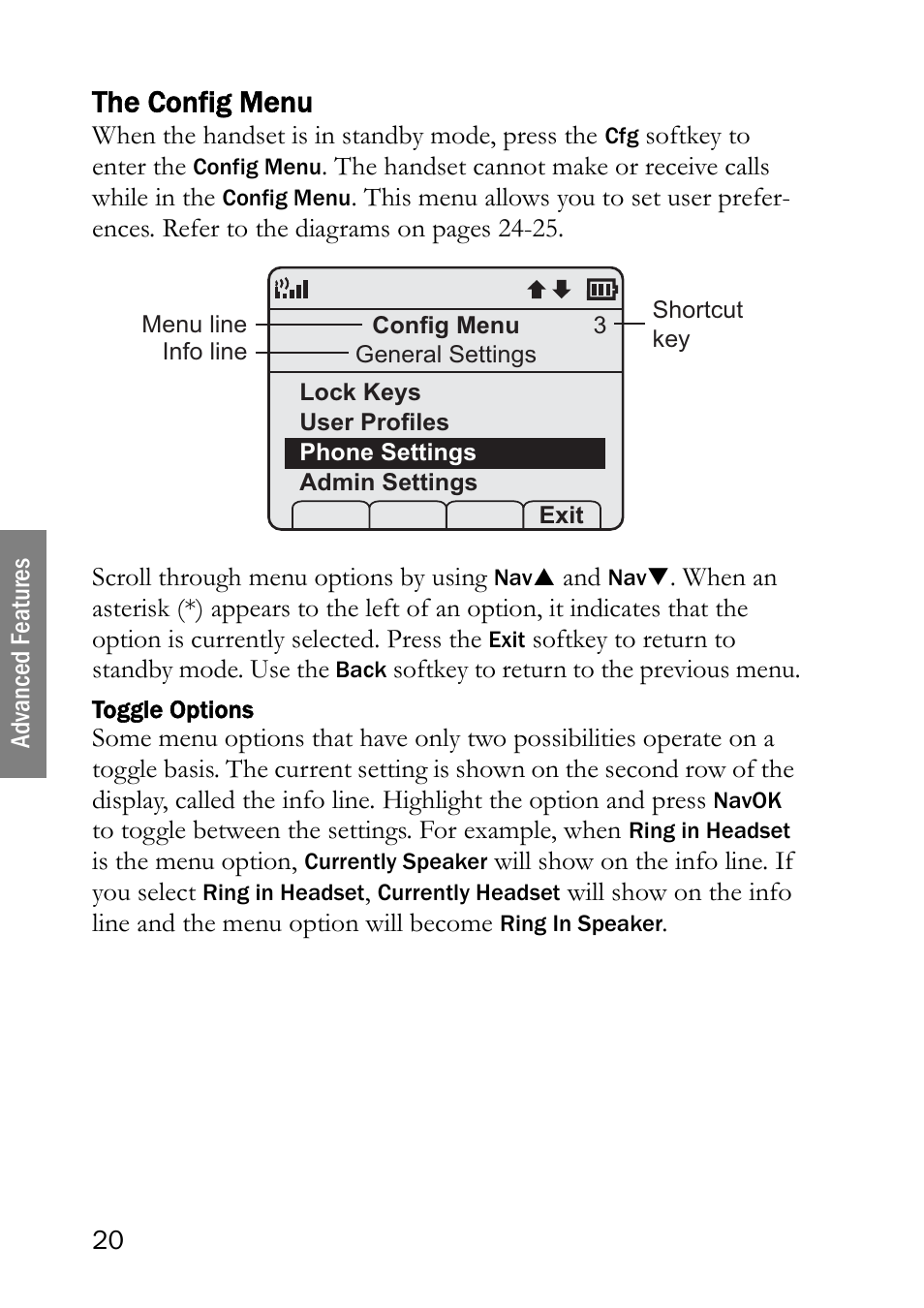 The config menu, Toggle options | SpectraLink LINK 6020 User Manual | Page 20 / 48