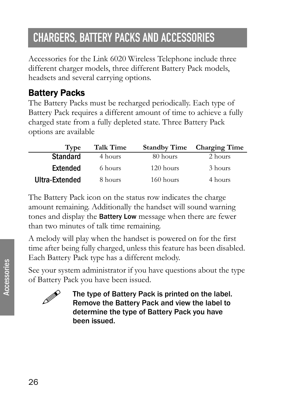 Chargers, battery packs and accessories, Battery packs | SpectraLink LINK 6020 User Manual | Page 26 / 48