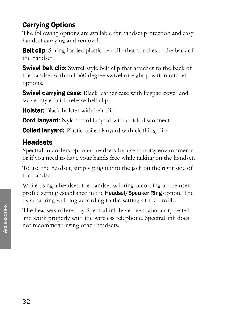 Carrying options, Headsets, Carrying options headsets | SpectraLink LINK 6020 User Manual | Page 32 / 48