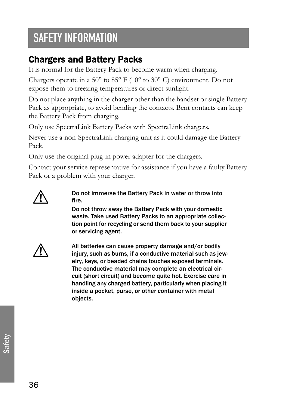 Safety information, Chargers and battery packs | SpectraLink LINK 6020 User Manual | Page 36 / 48