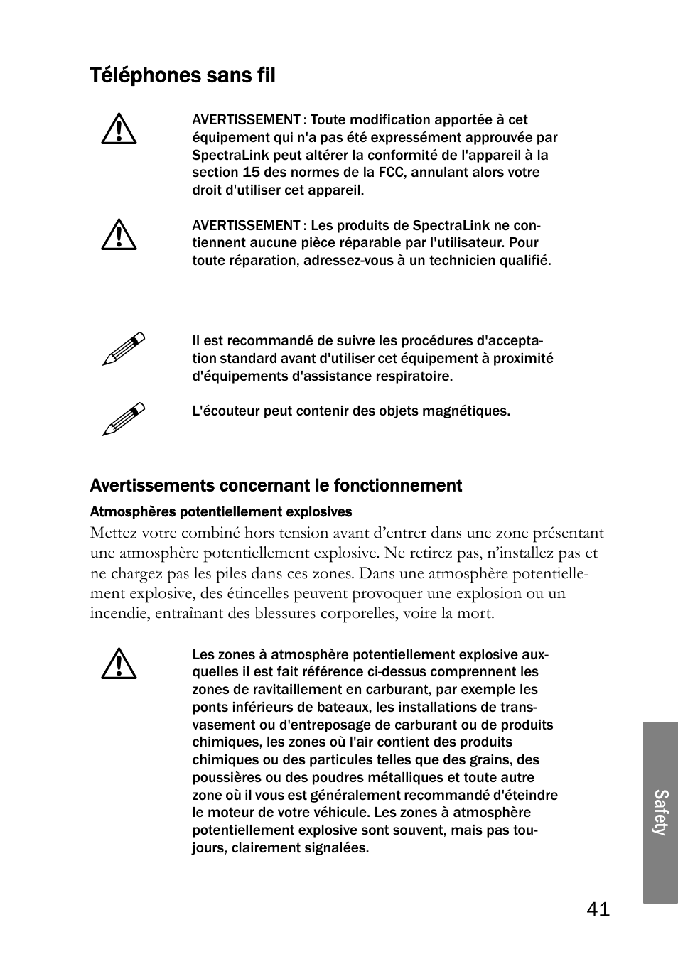 Téléphones sans fil, Avertissements concernant le fonctionnement | SpectraLink LINK 6020 User Manual | Page 41 / 48