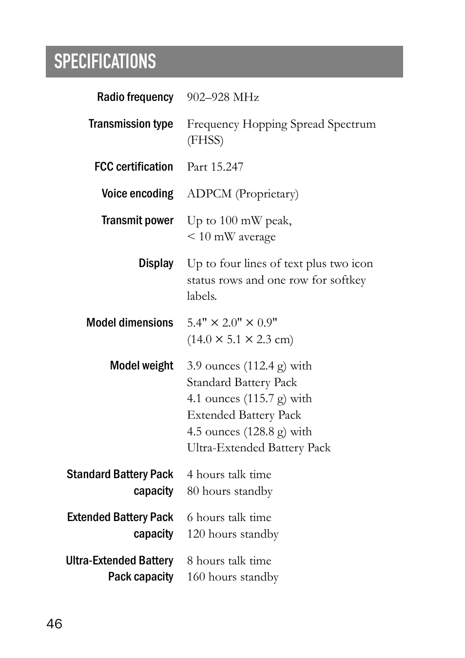 Specifications | SpectraLink LINK 6020 User Manual | Page 46 / 48