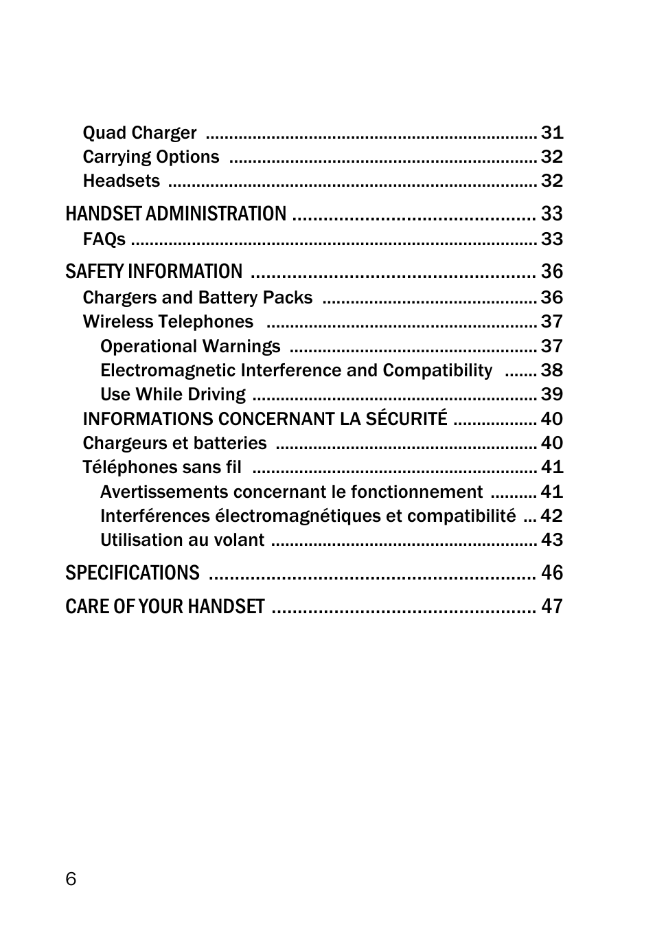 Handset administration 33, Safety information 36, Specifications 46 | Care of your handset 47 | SpectraLink LINK 6020 User Manual | Page 6 / 48