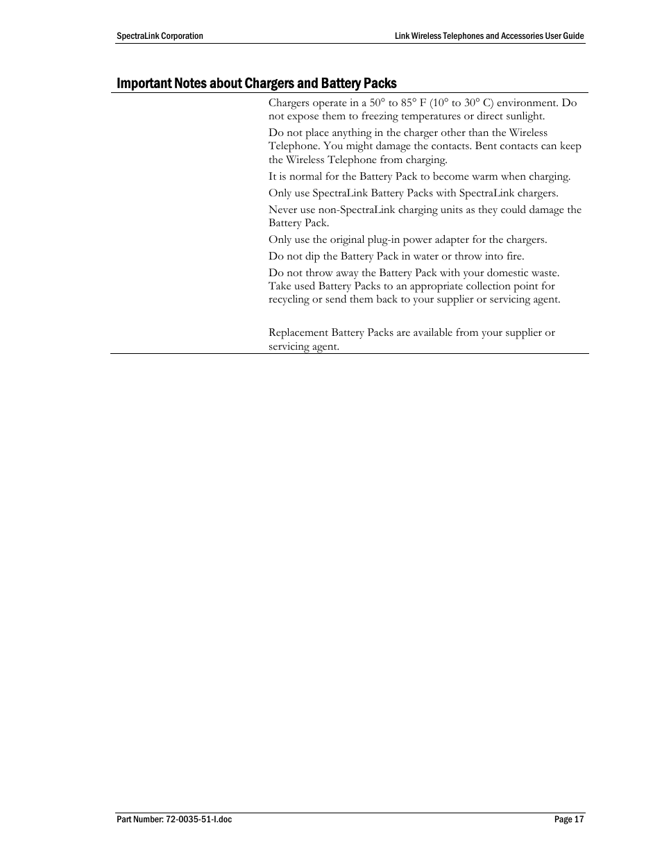 Important notes about chargers and battery packs | SpectraLink 410 User Manual | Page 17 / 21