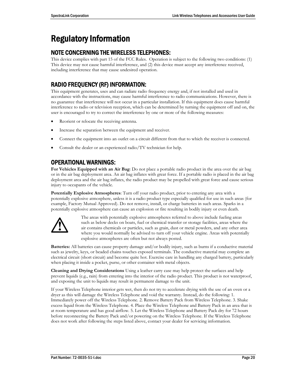 Regulatory information, Note concerning the wireless telephones, Radio frequency (rf) information | Operational warnings | SpectraLink 410 User Manual | Page 20 / 21