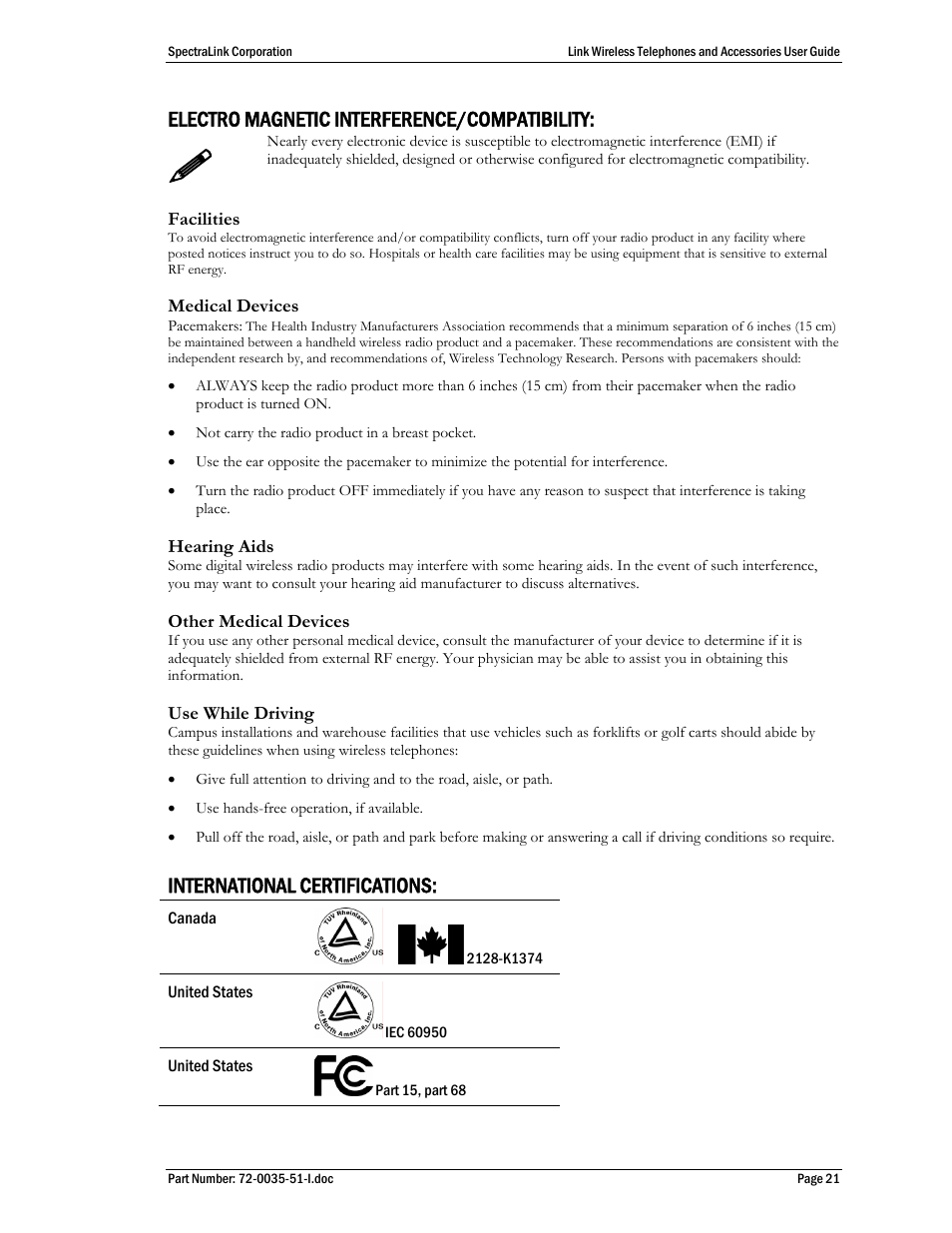 Electro magnetic interference/compatibility, International certifications | SpectraLink 410 User Manual | Page 21 / 21