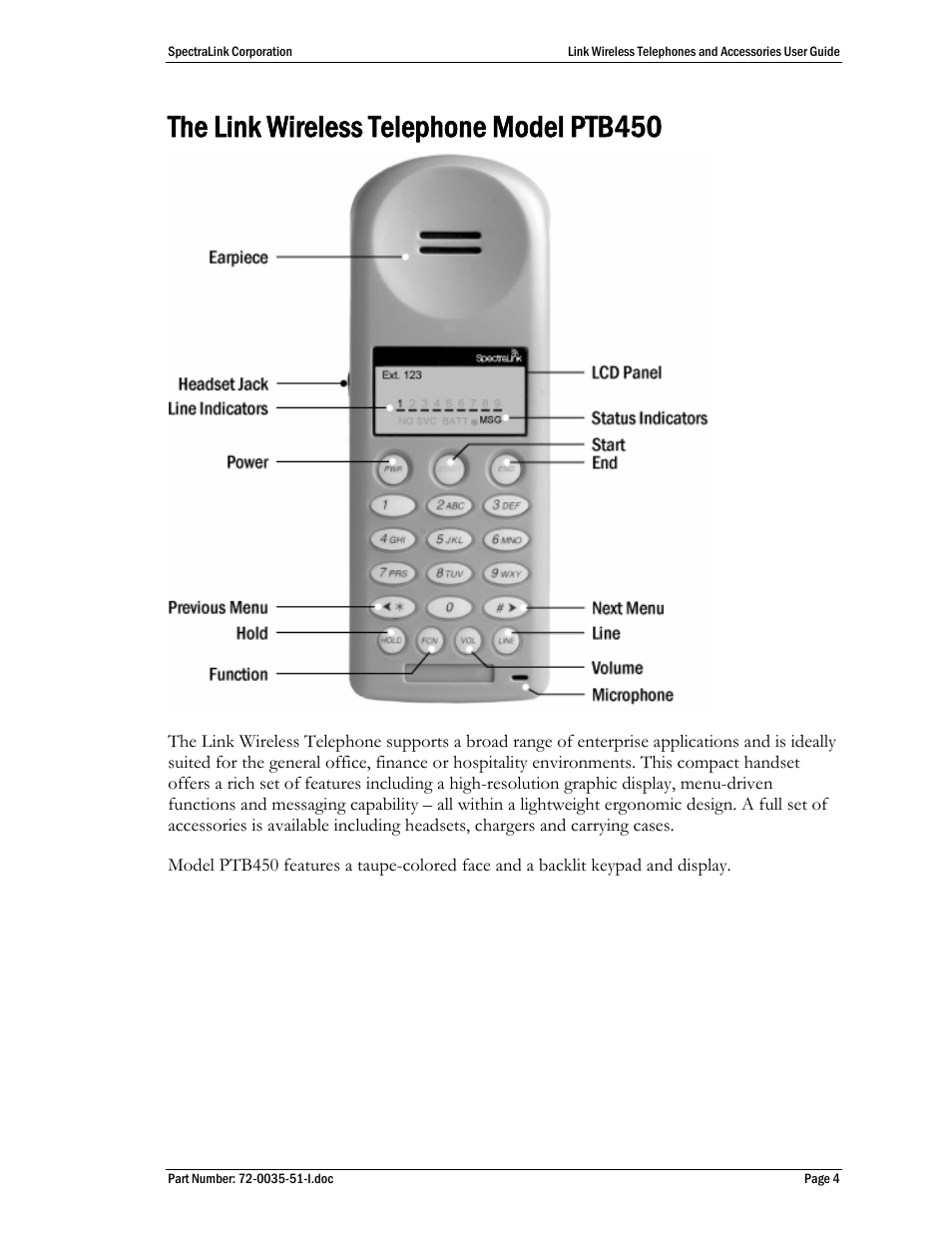 The link wireless telephone model ptb450 | SpectraLink 410 User Manual | Page 4 / 21