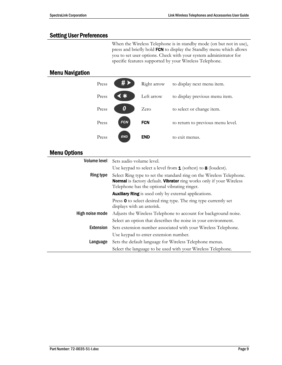 Setting user preferences, Menu navigation, Menu options | SpectraLink 410 User Manual | Page 9 / 21