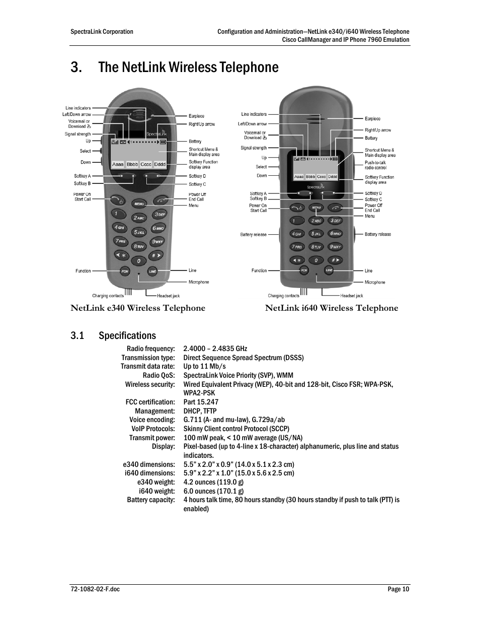 The netlink wireless telephone, 1 specifications | SpectraLink NetLink e340 User Manual | Page 10 / 58