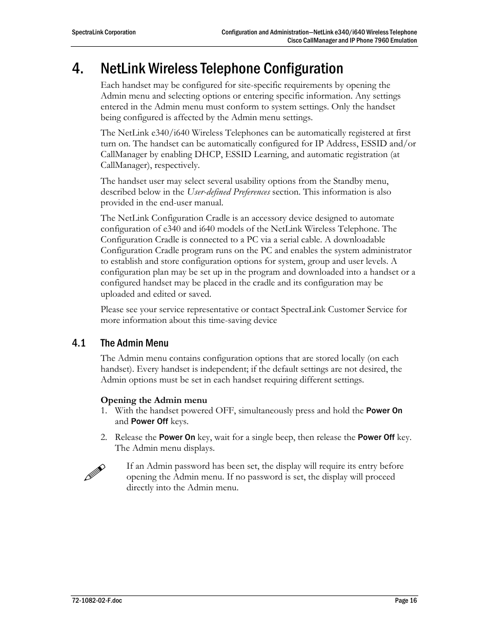 Netlink wireless telephone configuration, 1 the admin menu | SpectraLink NetLink e340 User Manual | Page 16 / 58