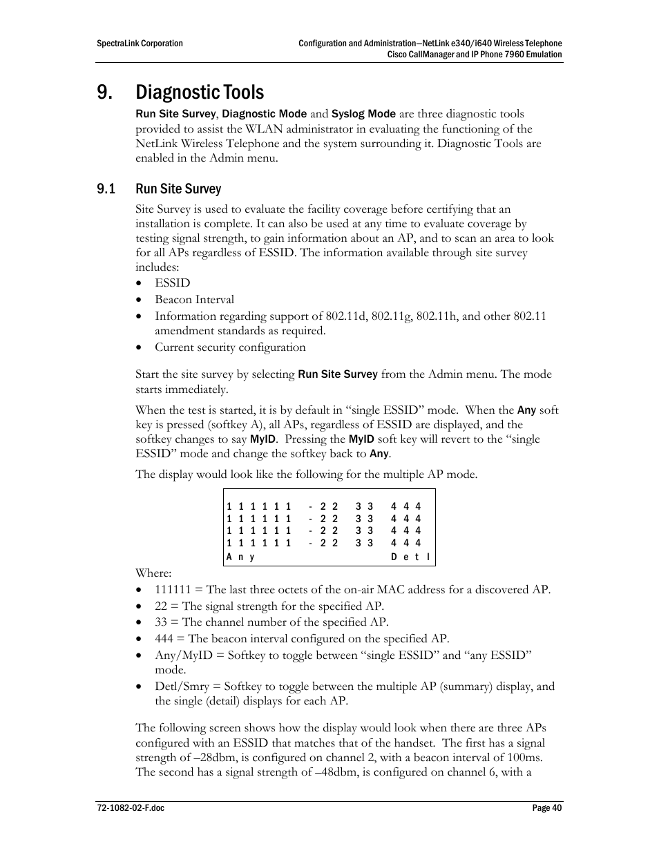 Diagnostic tools, 1 run site survey | SpectraLink NetLink e340 User Manual | Page 40 / 58