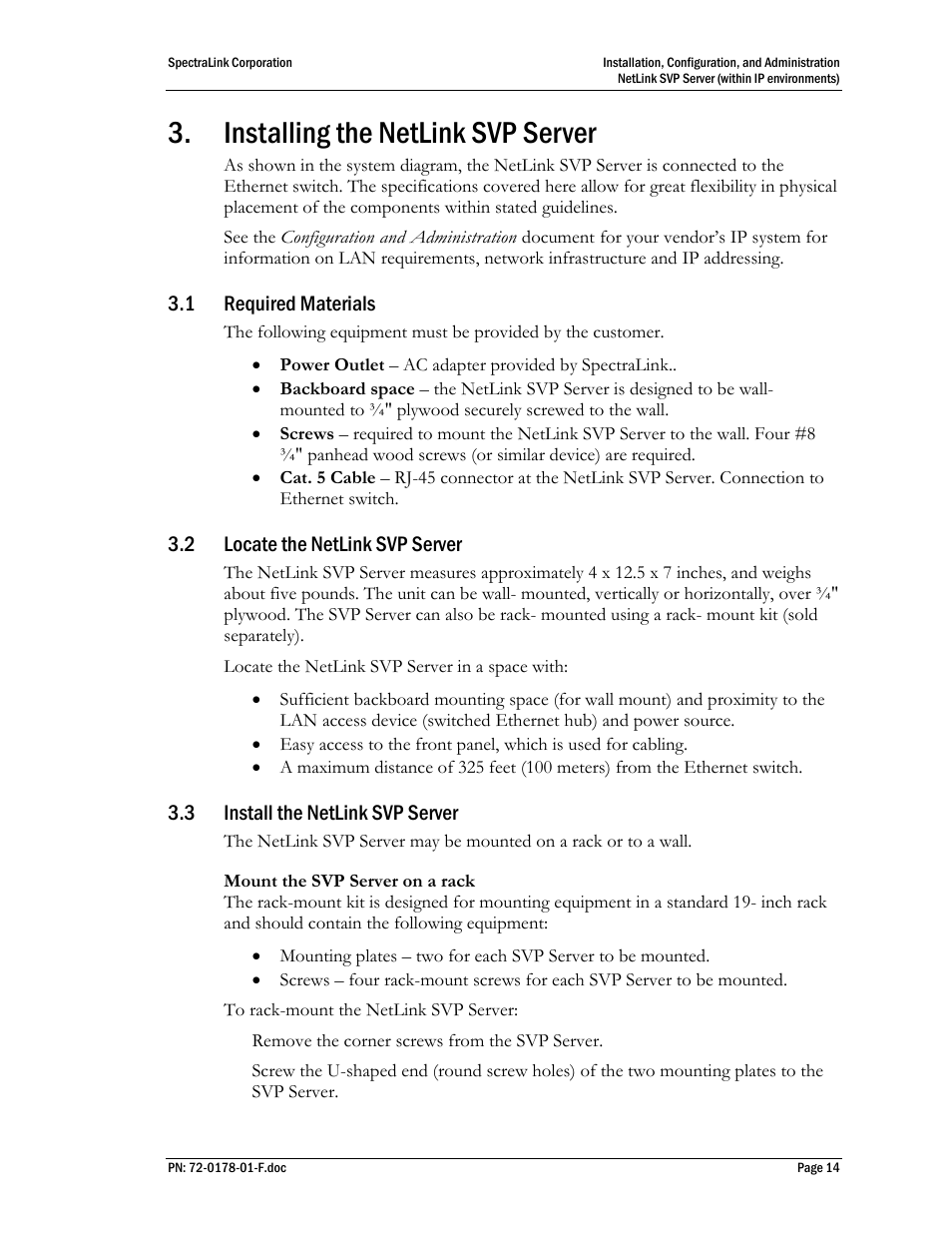 Installing the netlink svp server, 1 required materials, 2 locate the netlink svp server | 3 install the netlink svp server | SpectraLink SVP100 User Manual | Page 14 / 35