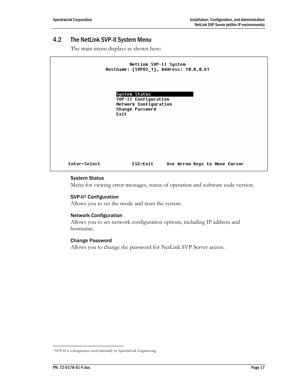 2 the netlink svp-ii system menu | SpectraLink SVP100 User Manual | Page 17 / 35