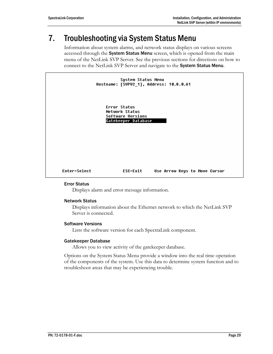 Troubleshooting via system status menu | SpectraLink SVP100 User Manual | Page 29 / 35