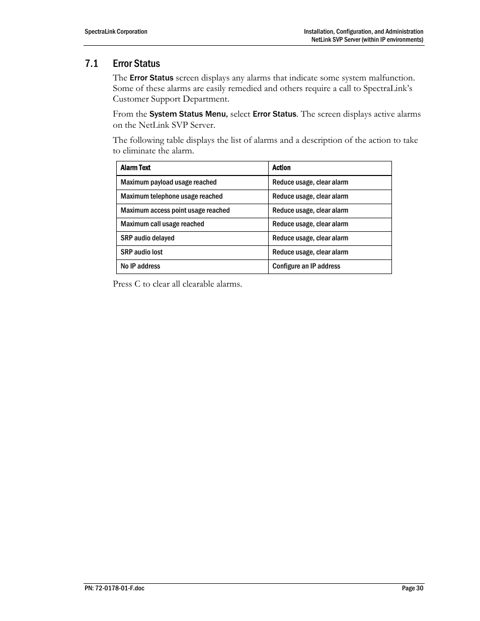 1 error status | SpectraLink SVP100 User Manual | Page 30 / 35