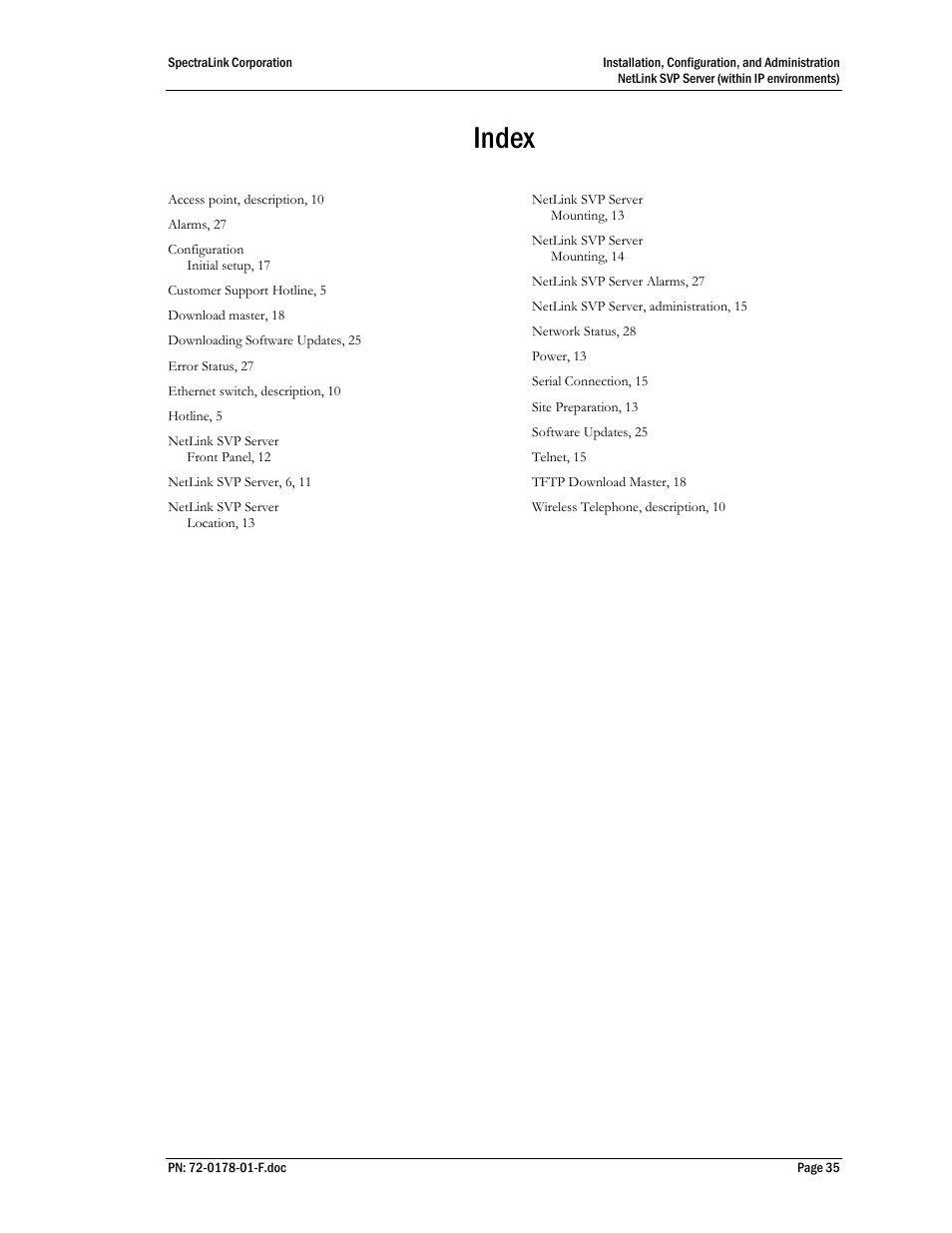 Index | SpectraLink SVP100 User Manual | Page 35 / 35