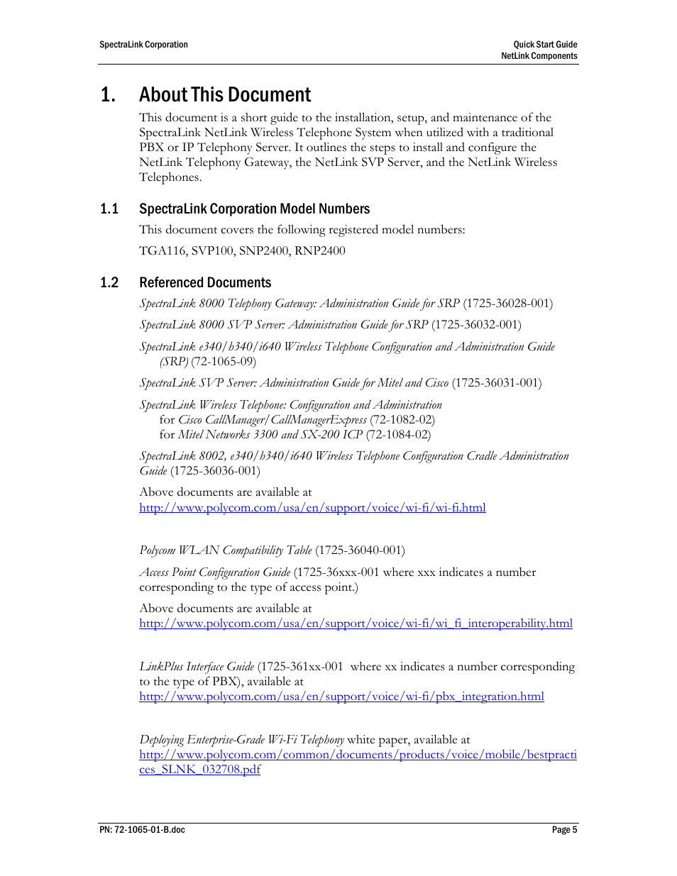 About this document, 1 spectralink corporation model numbers, 2 referenced documents | SpectraLink 72-1065-01 User Manual | Page 5 / 10