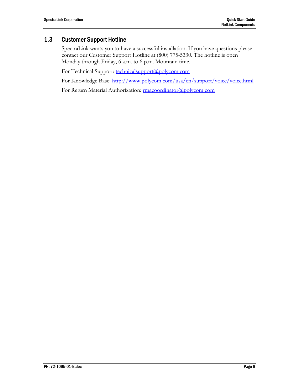 3 customer support hotline | SpectraLink 72-1065-01 User Manual | Page 6 / 10