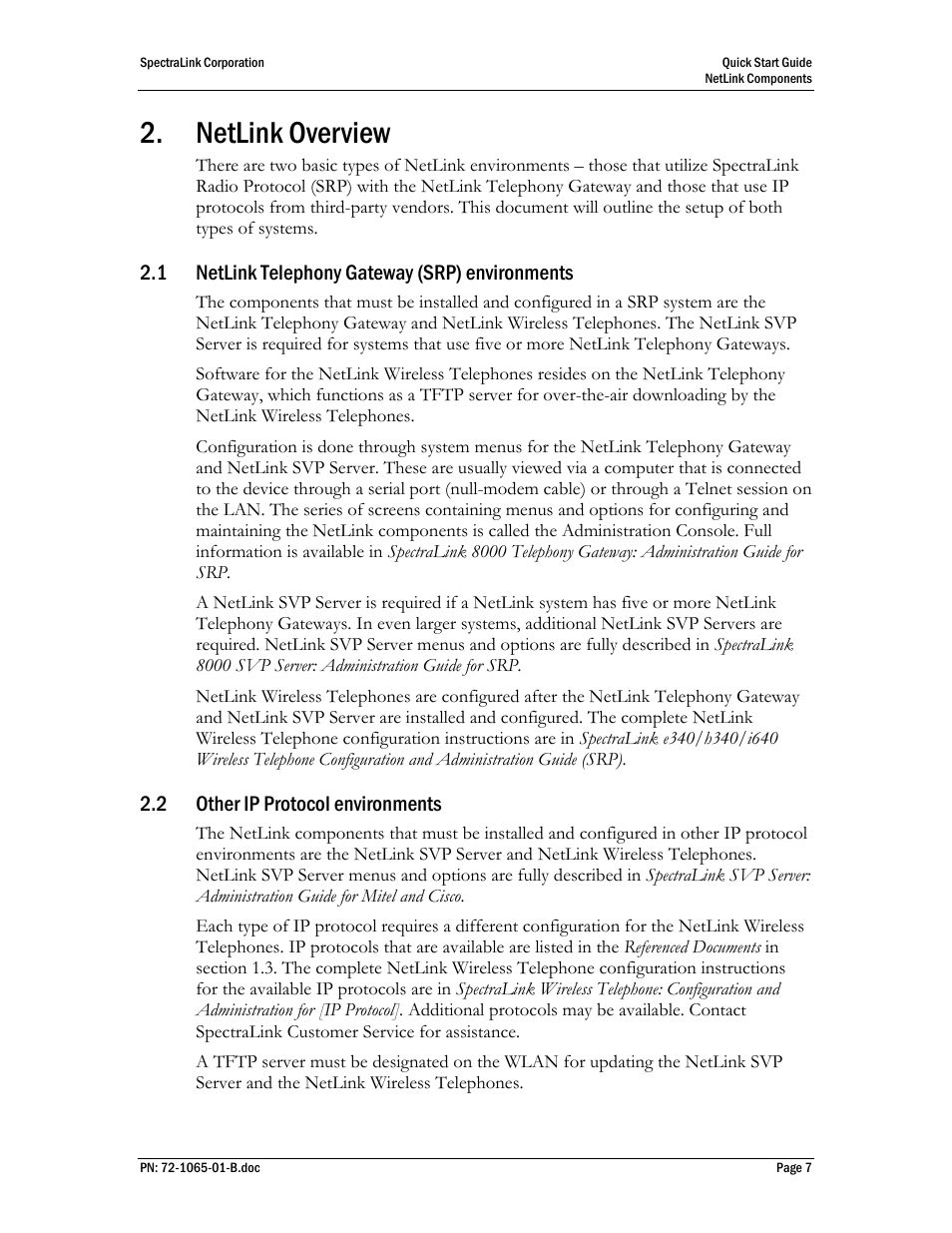 Netlink overview, 1 netlink telephony gateway (srp) environments, 2 other ip protocol environments | SpectraLink 72-1065-01 User Manual | Page 7 / 10